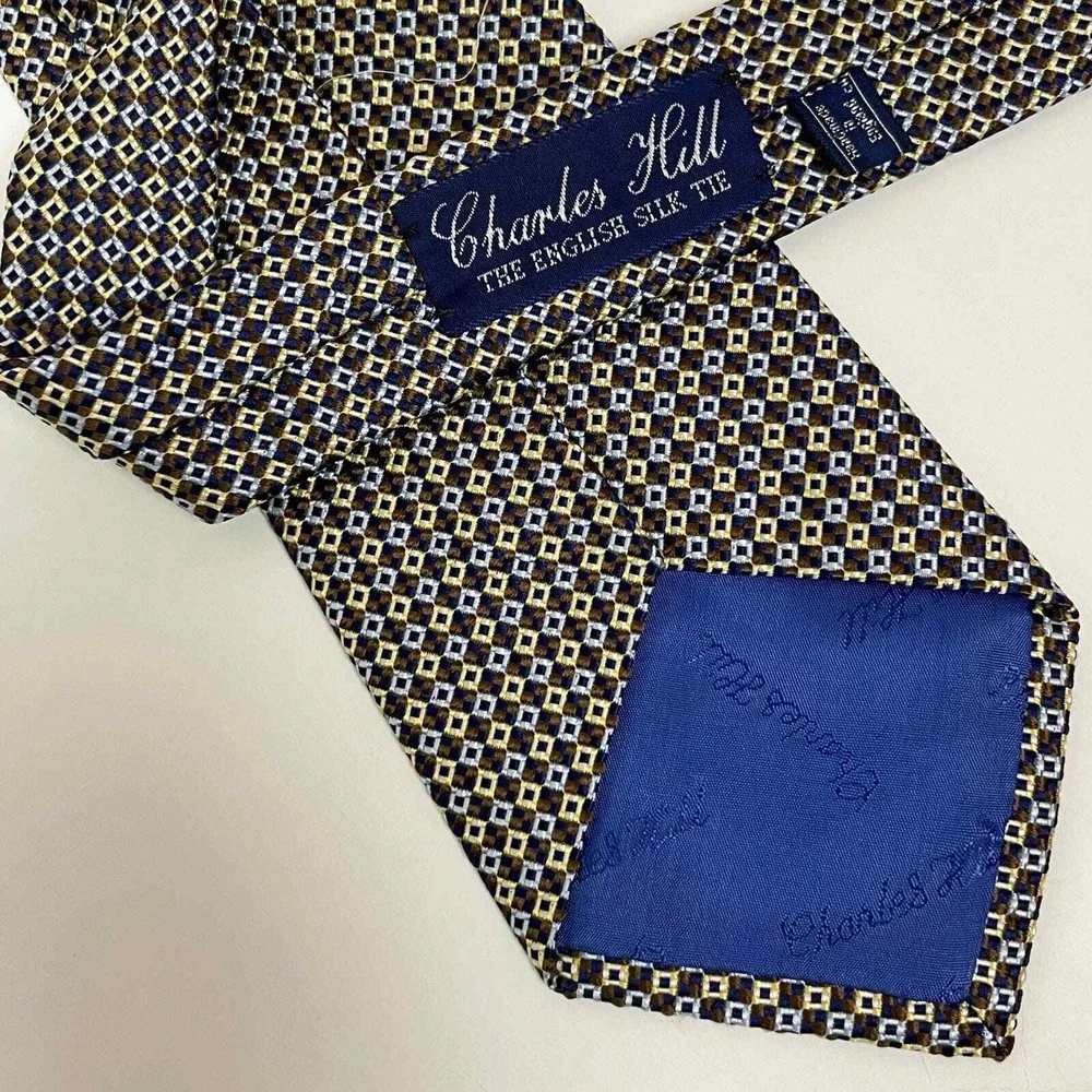 Charles Hill English Silk Neck Tie‎ England Check Brown Blue Gold